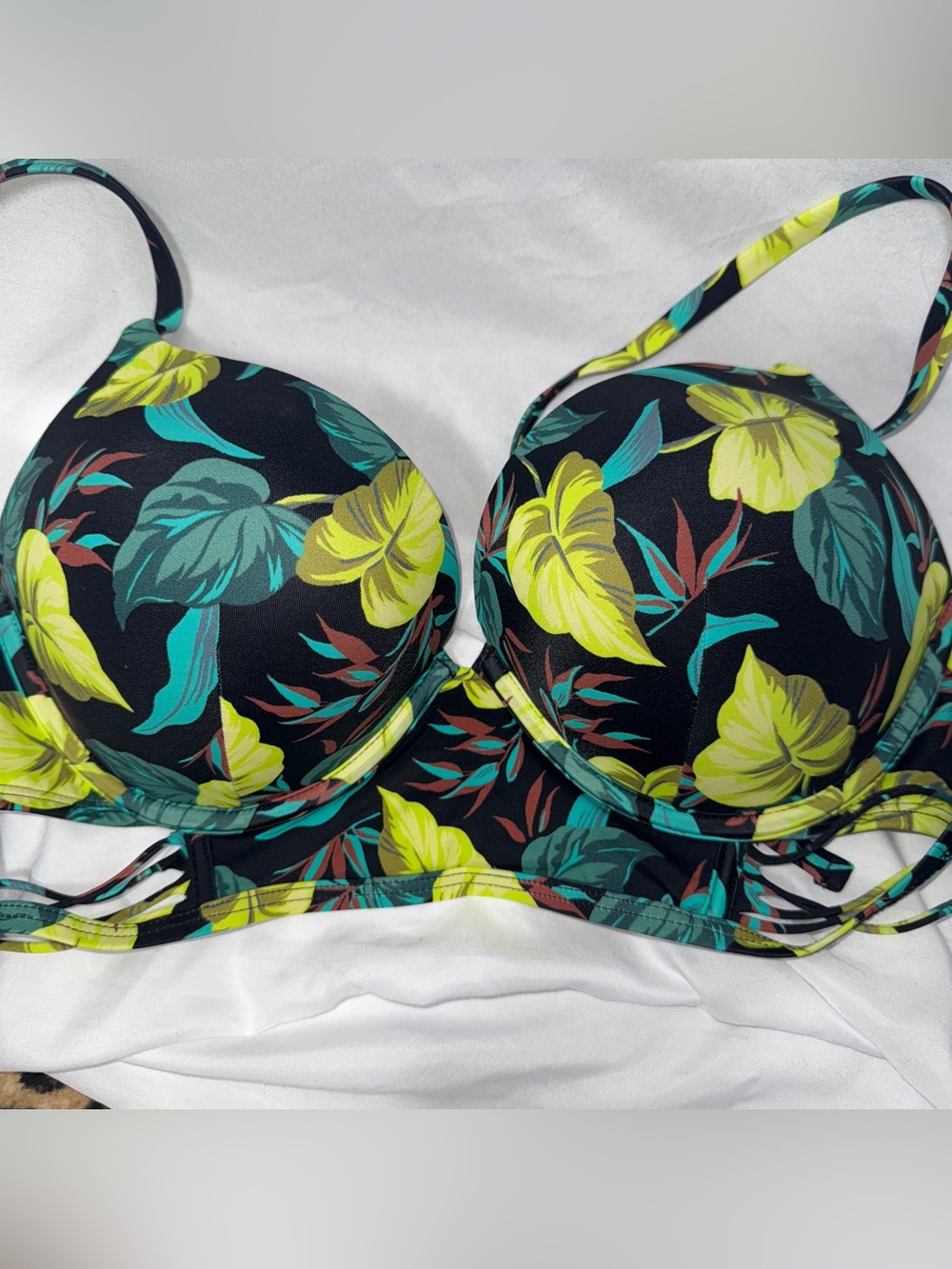 Victoria’s Secret Tropical Leaf Underwire Bikini Top - Black with Yellow & Teal